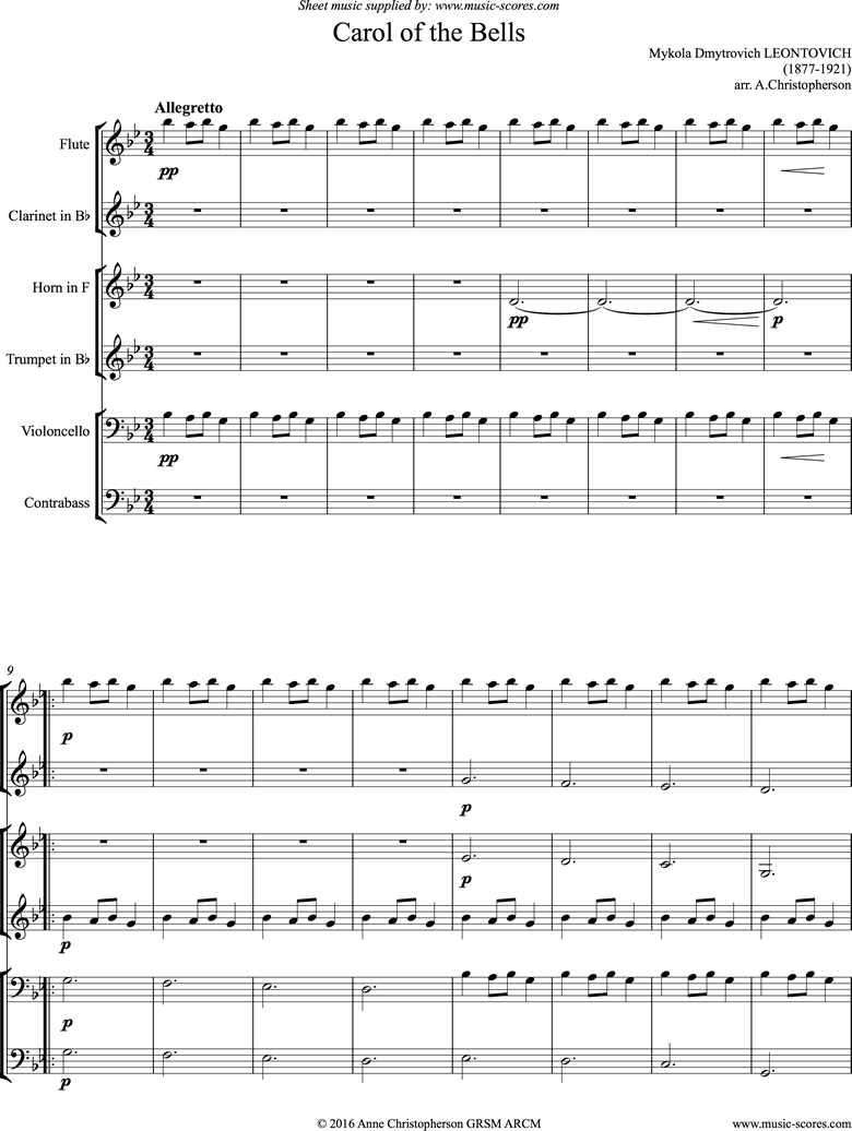 Front page of Carol of the Bells - Flute, Clarinet, Trumpet, Horn, Cello, Double Bass sheet music