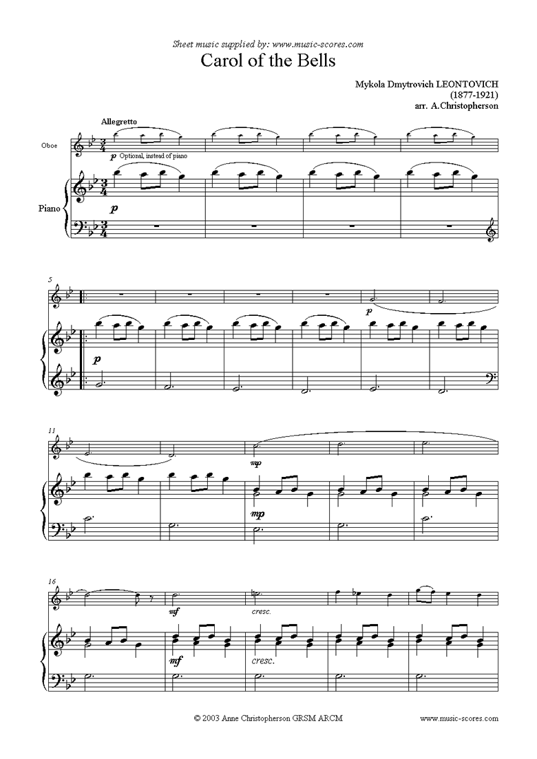 Front page of Carol of the Bells - Oboe sheet music
