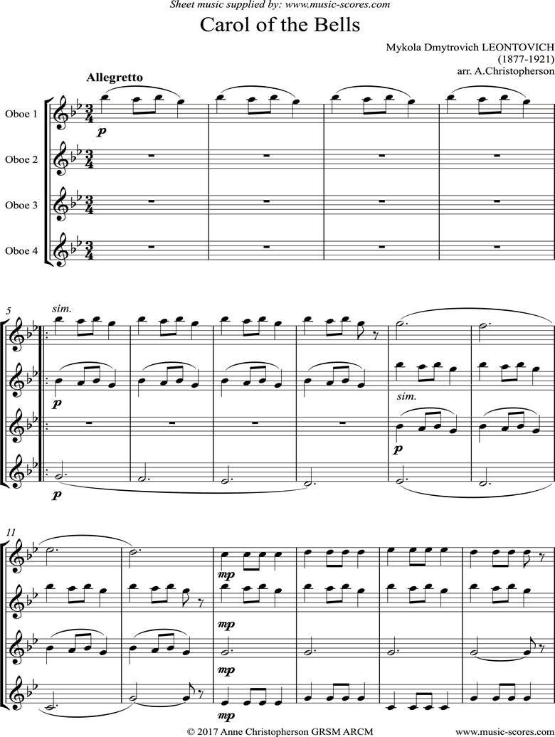 Front page of Carol of the Bells - 4 Oboes sheet music