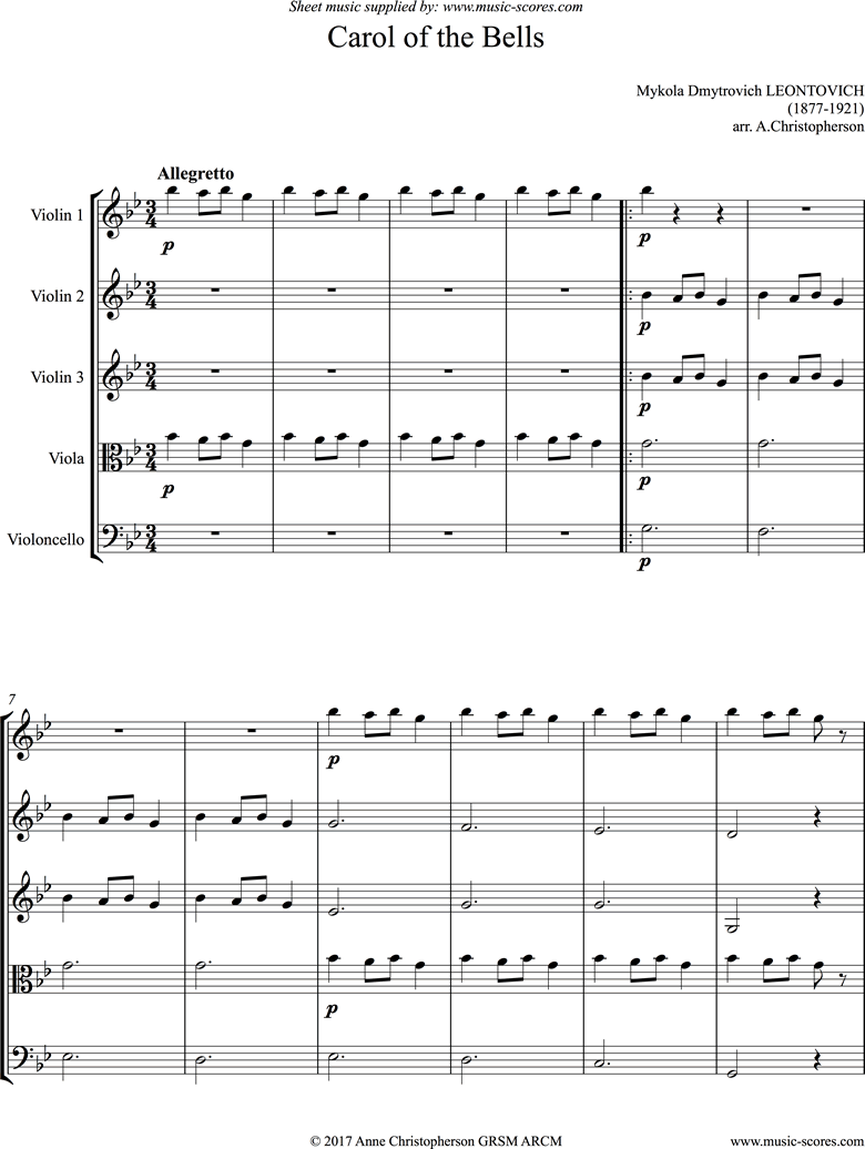 Front page of Carol of the Bells - String Quintet sheet music
