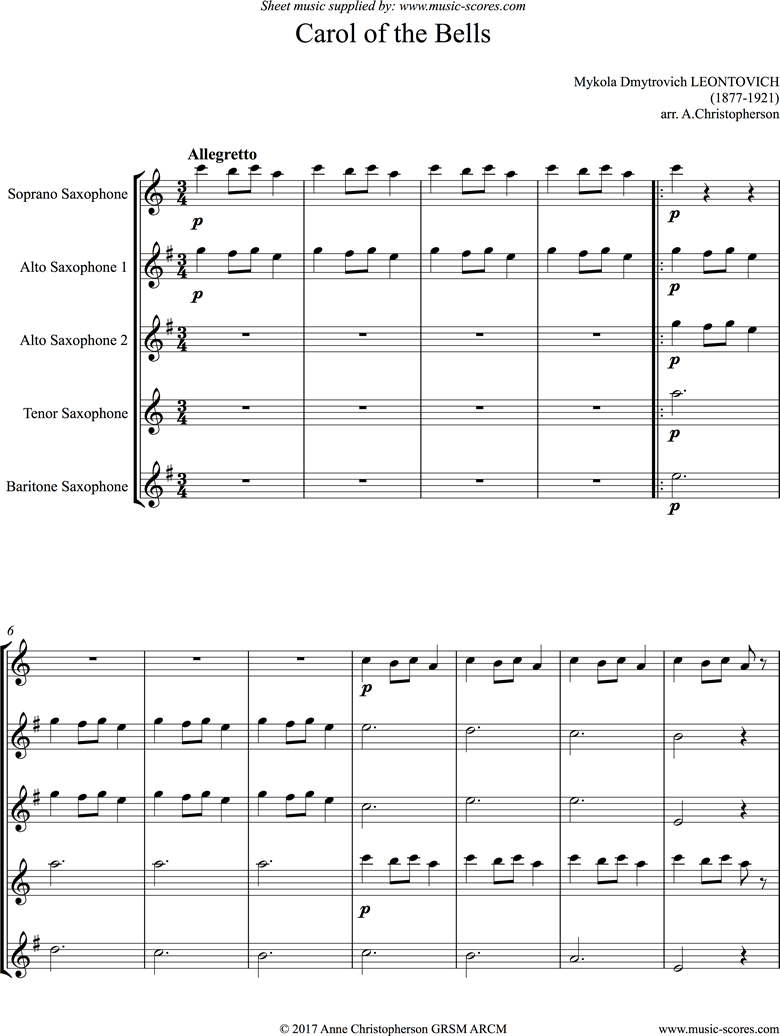 Front page of Carol of the Bells - Saxophone Quintet sheet music