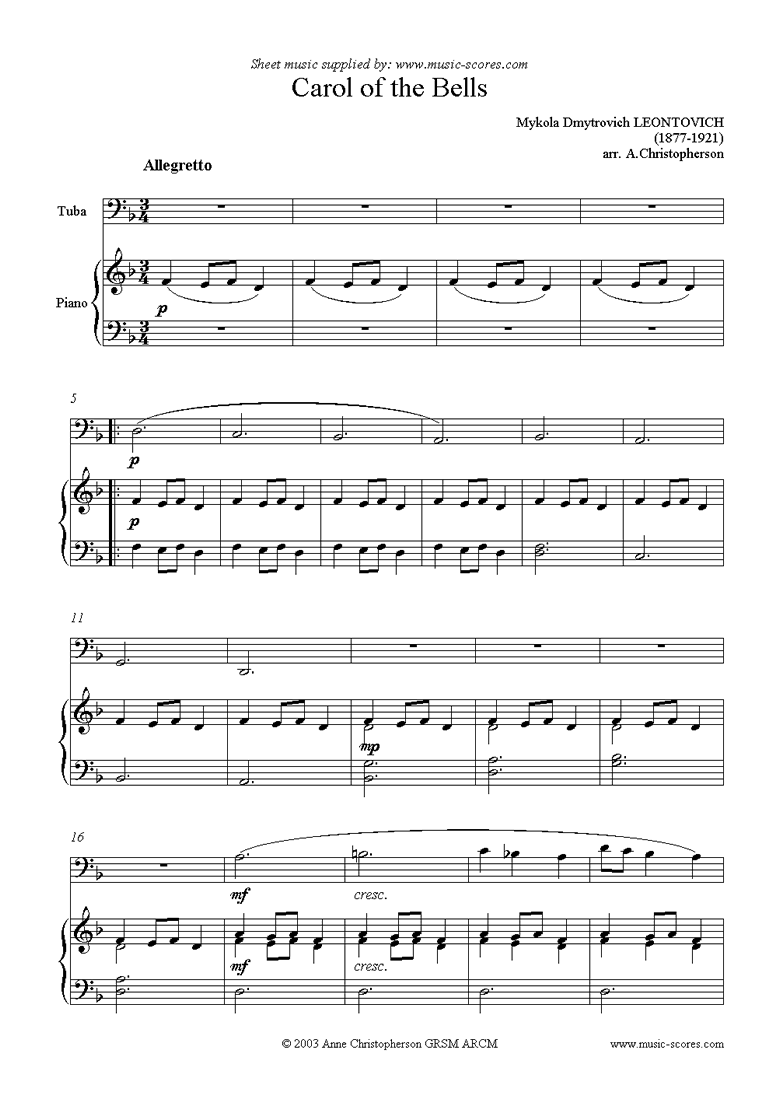 Front page of Carol of the Bells - Tuba sheet music