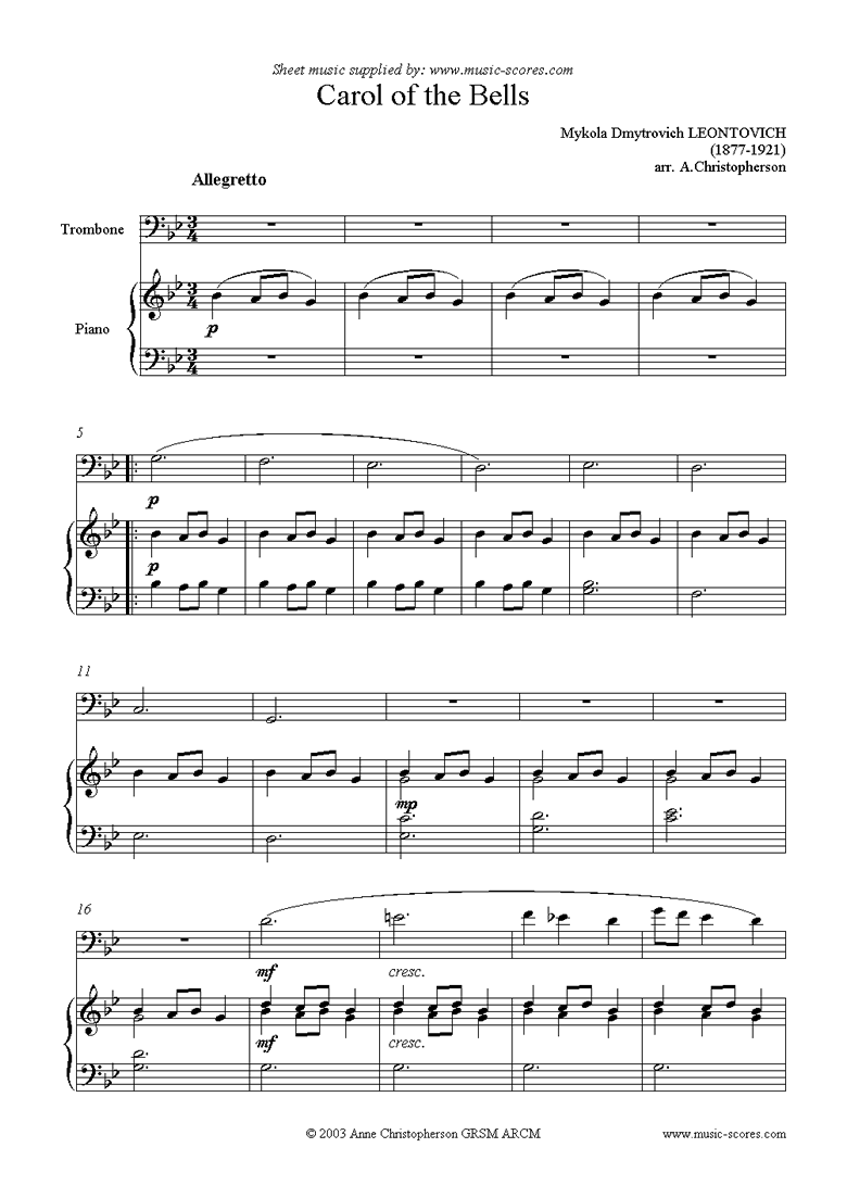 Front page of Carol of the Bells - Trombone sheet music