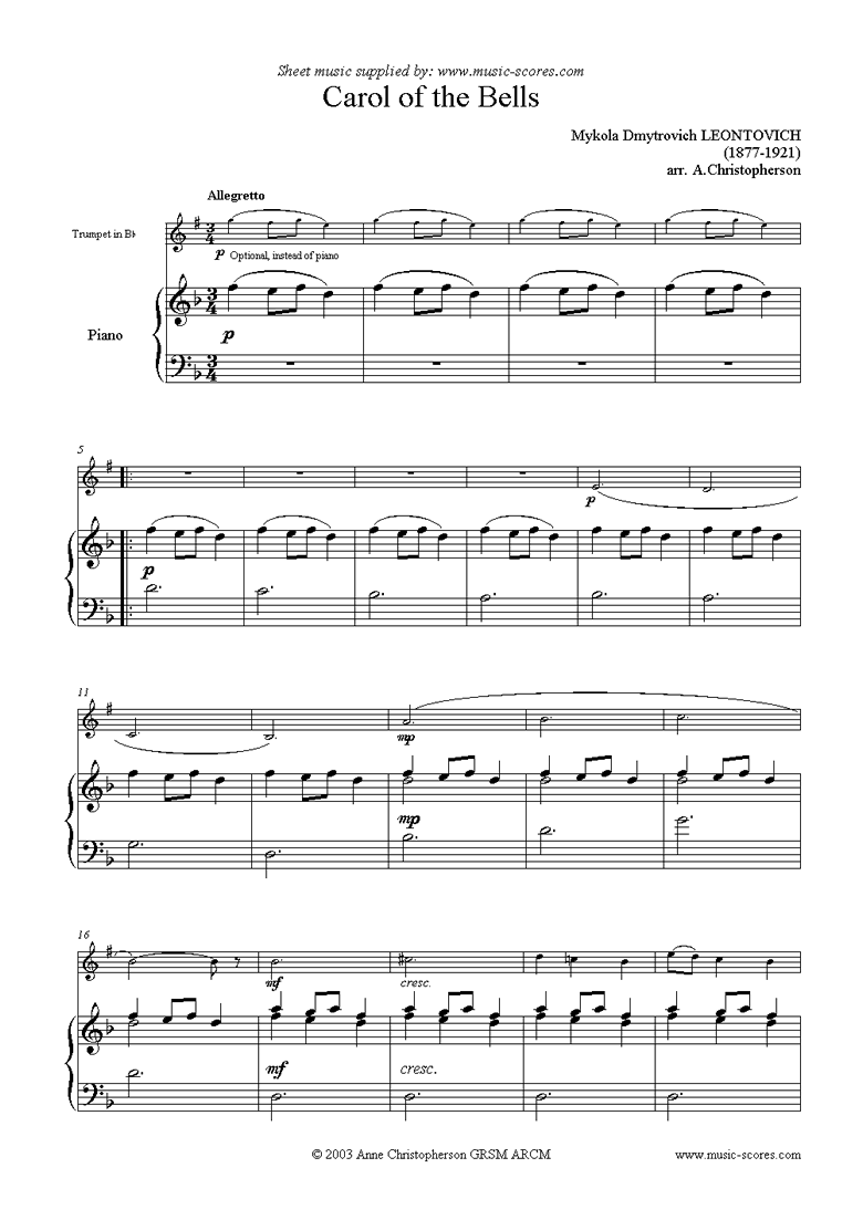 Front page of Carol of the Bells - Trumpet sheet music