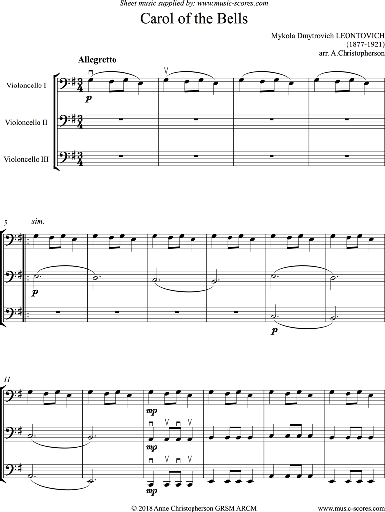 Front page of Carol of the Bells - 3 Cellos: low, easier sheet music