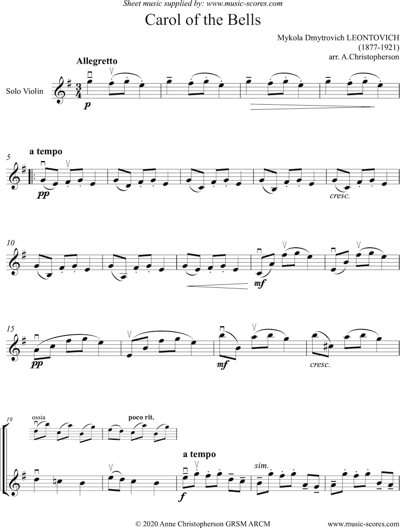 Front page of Carol of the Bells - Solo Violin sheet music