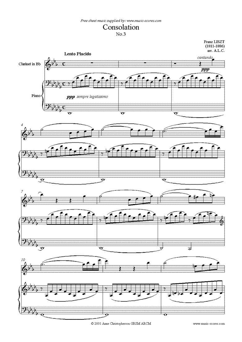 Front page of Consolation No.3: Clarinet sheet music