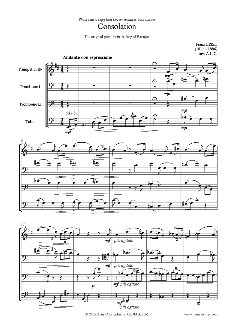 Front page of Consolation in E: Trumpet, 2 Trombones and Tuba sheet music