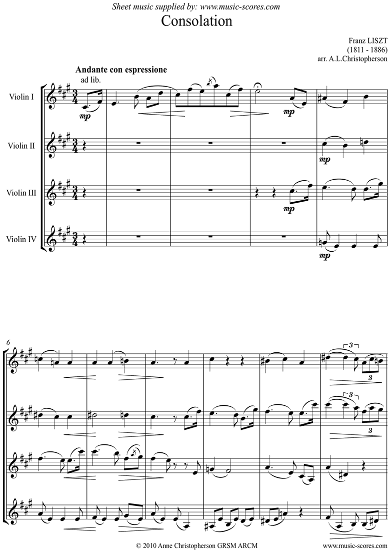 Consolation No.3: 4 Violins by Liszt