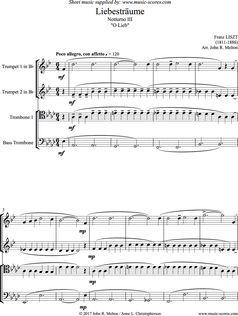 Liebestraume: Notturno 3, O Lieb:  Brass Quartet by Liszt