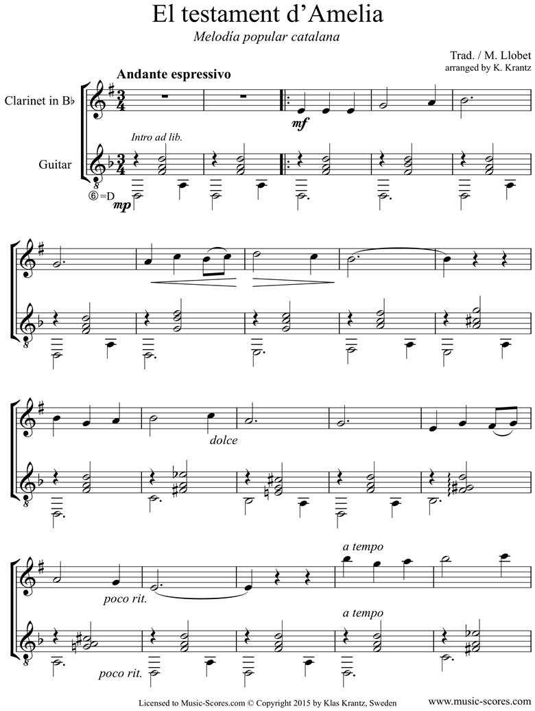 Front page of El Testament d Amelia: Clarinet, Guitar sheet music