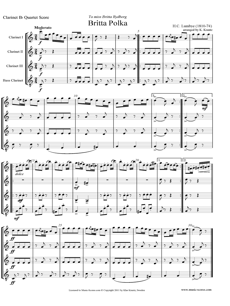 Front page of Britta Polka: 3 Clarinets and Bass Clarinet, C major sheet music