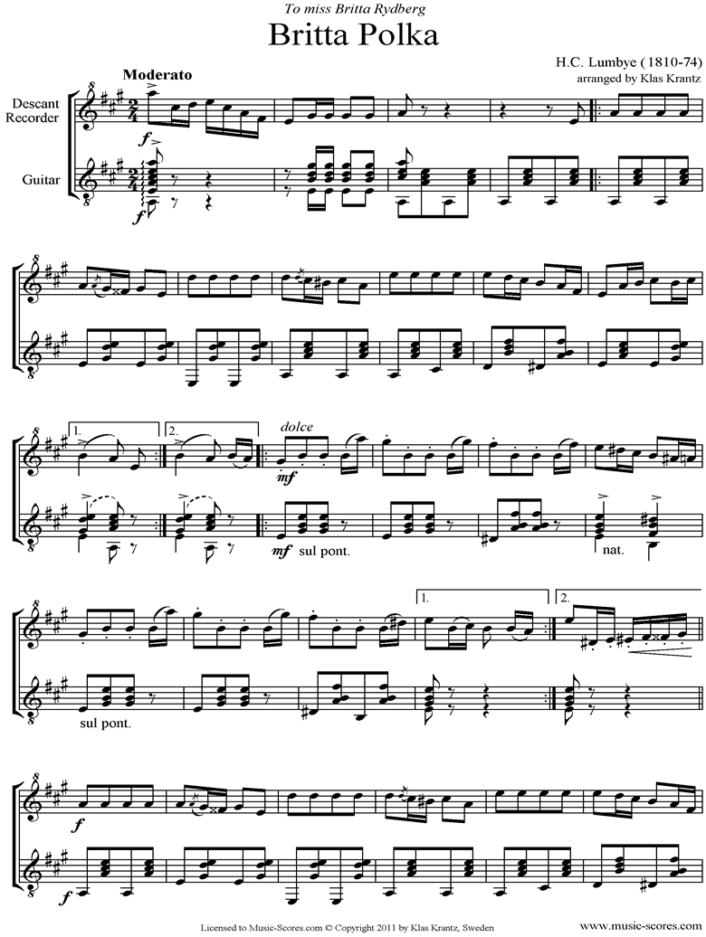 Front page of Britta Polka: Descant Recorder and Guitar sheet music