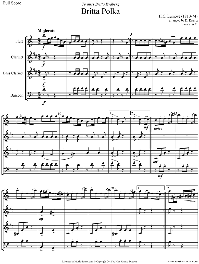 Front page of Britta Polka: Flute, Clarinet, Bass Clarinet, Bassoon sheet music