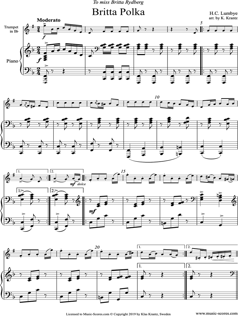 Front page of Britta Polka: Trumpet and Piano sheet music