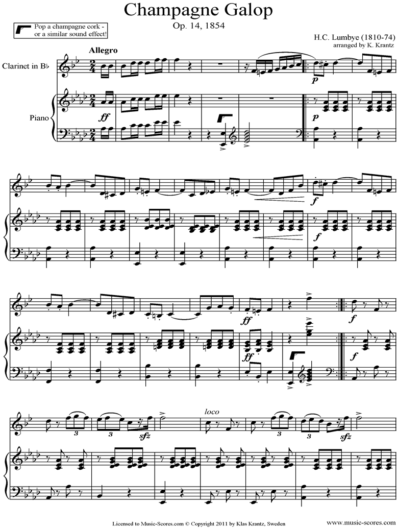 Front page of Champagne Galop: Clarinet and Piano sheet music