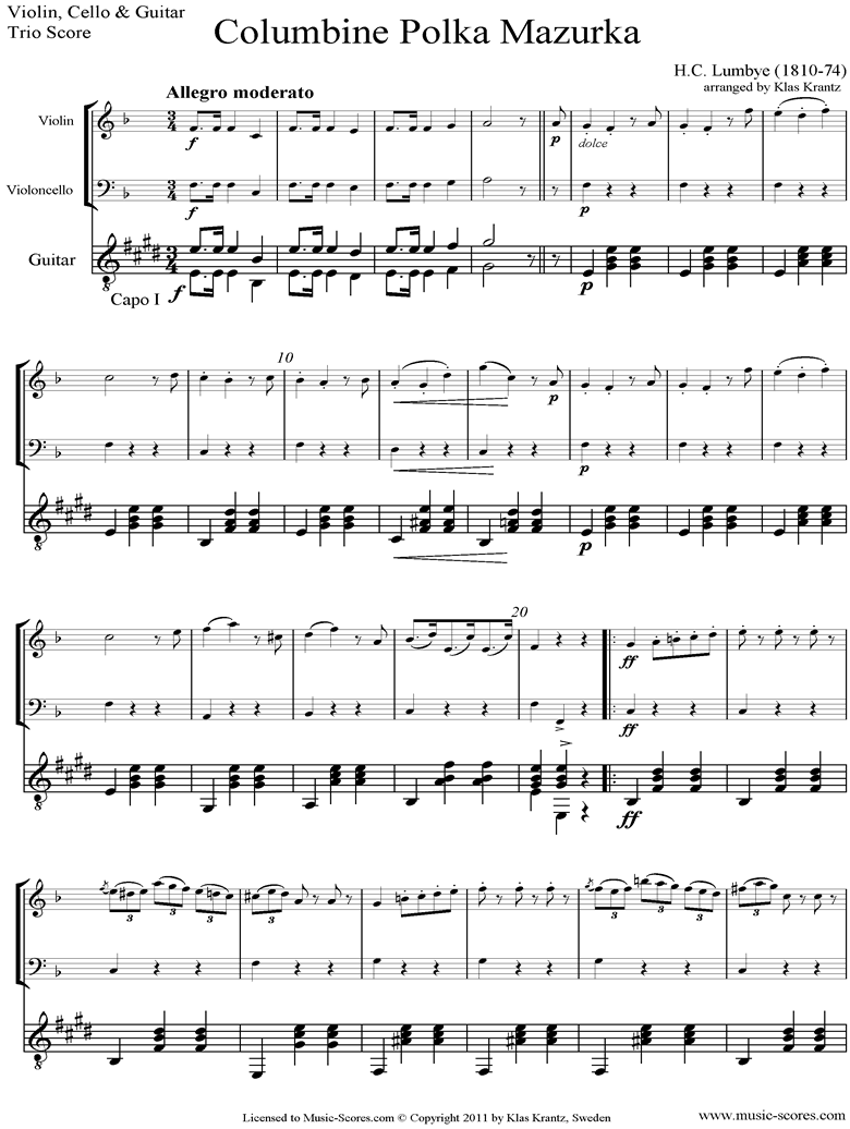 Front page of Colombine Polka Mazurka: Violin, Cello, Guitar sheet music