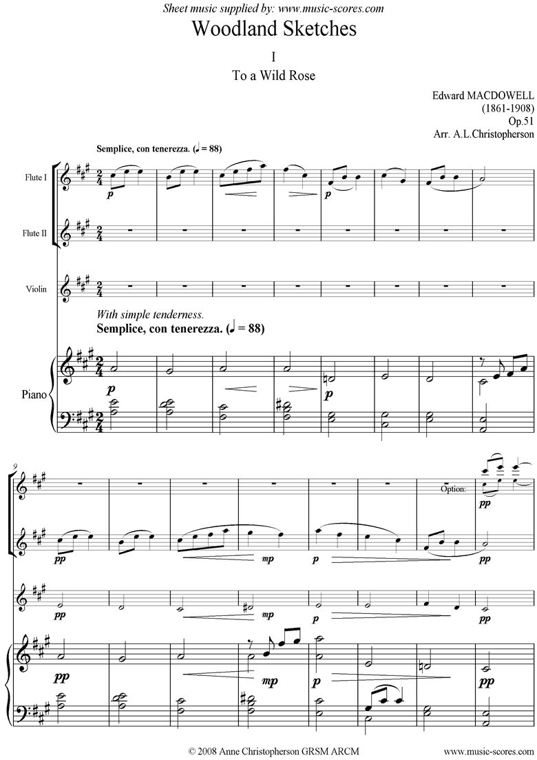 Front page of To a Wild Rose: 2 Flutes, Violin and Piano sheet music