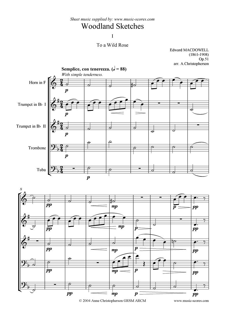 Front page of To a Wild Rose: horn, 2 trumpets, trombone, tuba sheet music