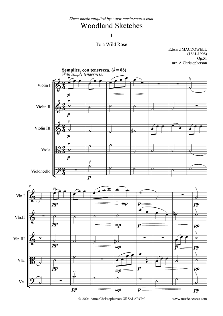 Front page of To a Wild Rose: 3 violins, viola, cello sheet music
