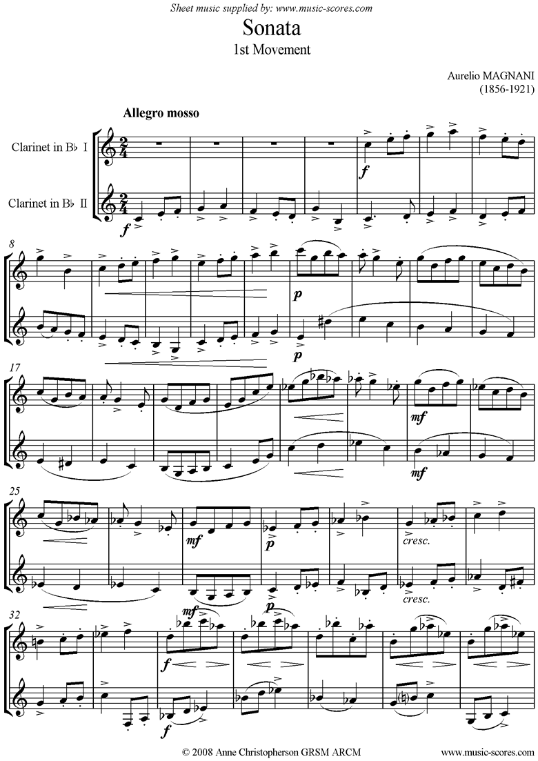 Front page of Sonata 2 Clarinets: 1st mvt: Allegro Mosso sheet music