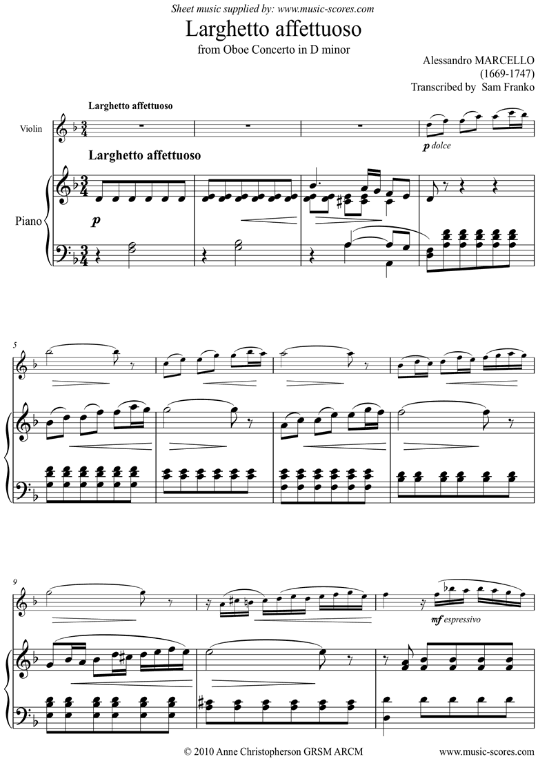 Front page of Larghetto Affettuoso: Violin sheet music