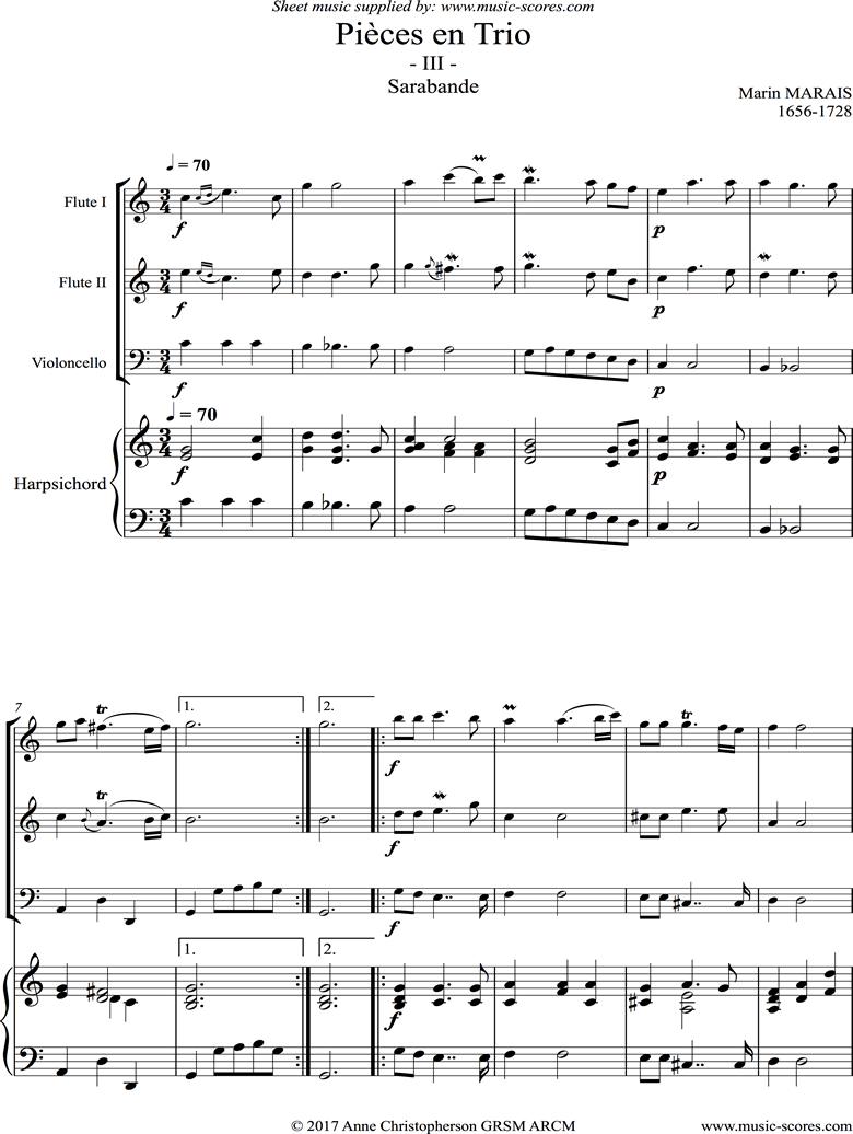 Front page of Pieces en Trio: 3: Sarabande: 2 Flutes, Continuo sheet music