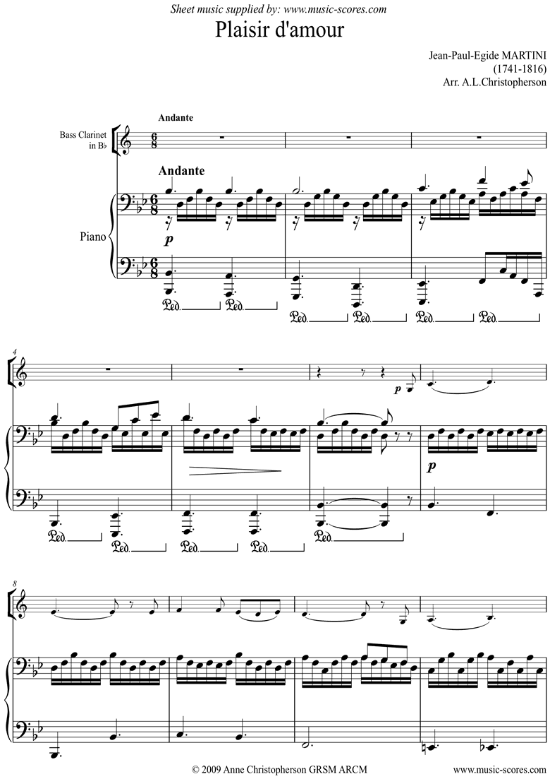 Front page of Plaisir d'Amour: Bass Clarinet sheet music