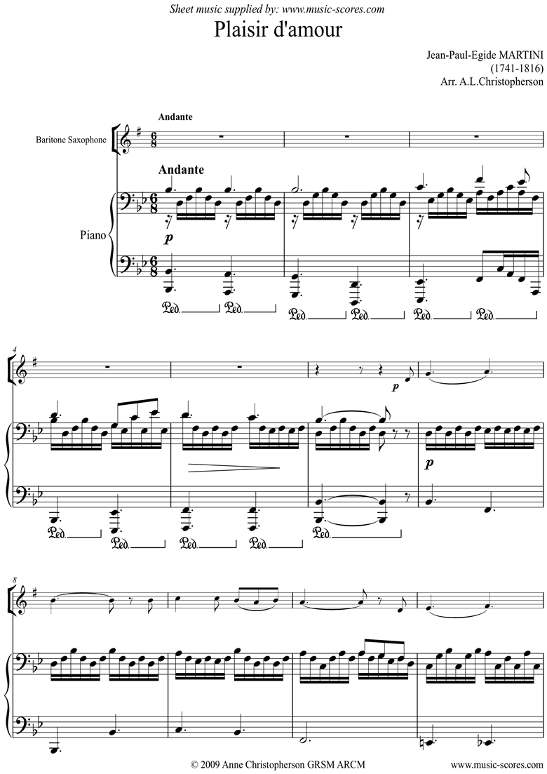 Front page of Plaisir d'Amour: Baritone Saxophone sheet music