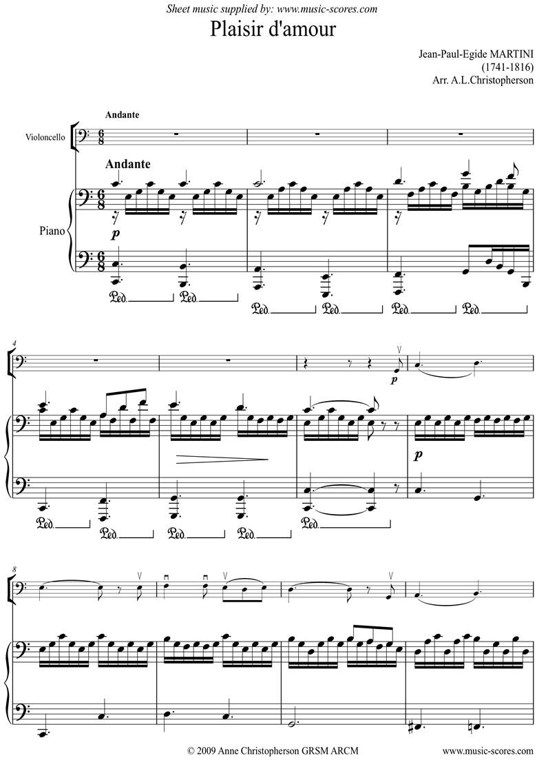 Front page of Plaisir d'Amour: Cello sheet music