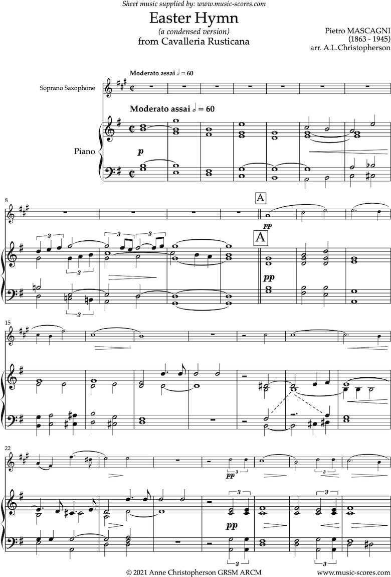 Front page of Cavalleria Rusticana: Easter Hymn: Soprano Sax sheet music