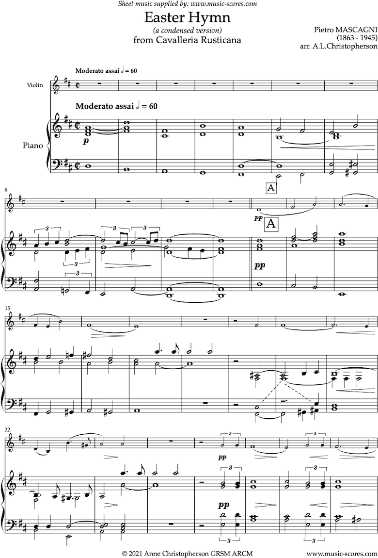 Front page of Cavalleria Rusticana: Easter Hymn: Violin sheet music