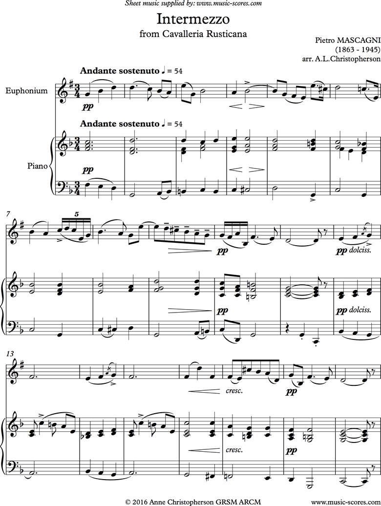 Front page of Cavalleria: Intermezzo: Euphonium sheet music