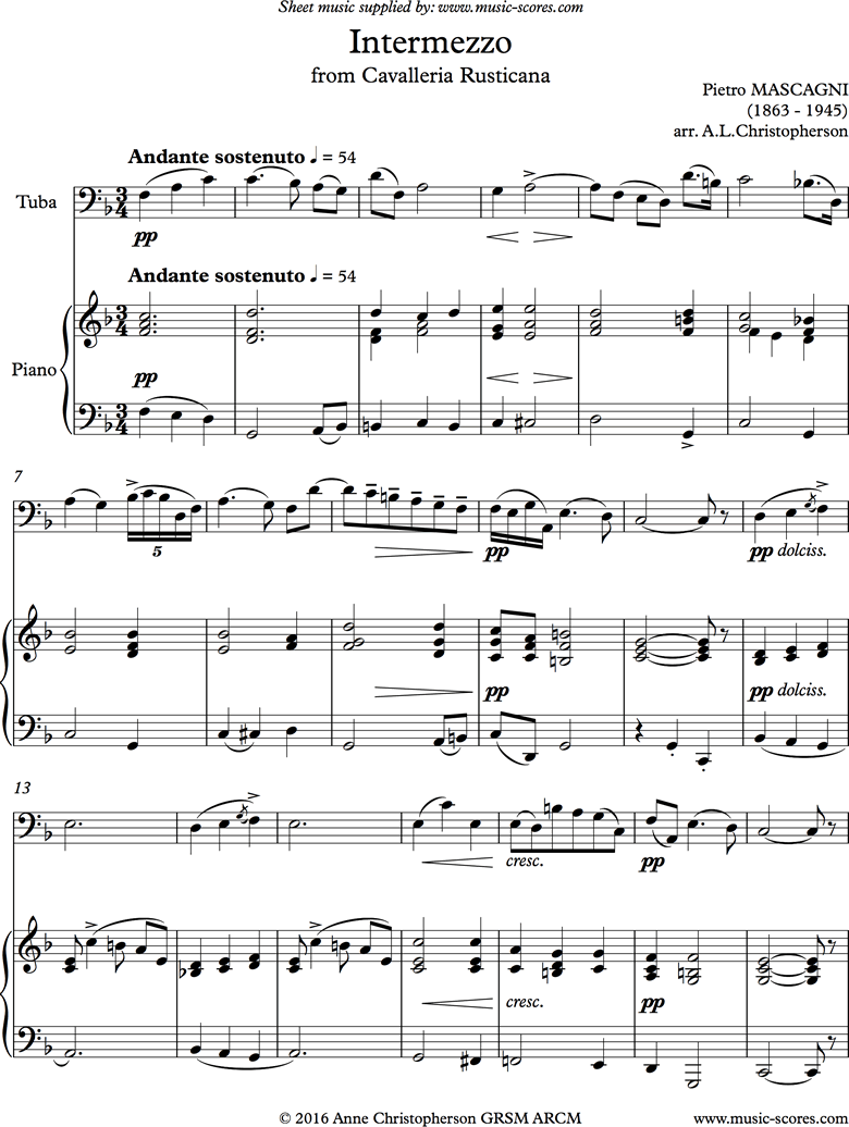 Front page of Cavalleria: Intermezzo: Tuba sheet music