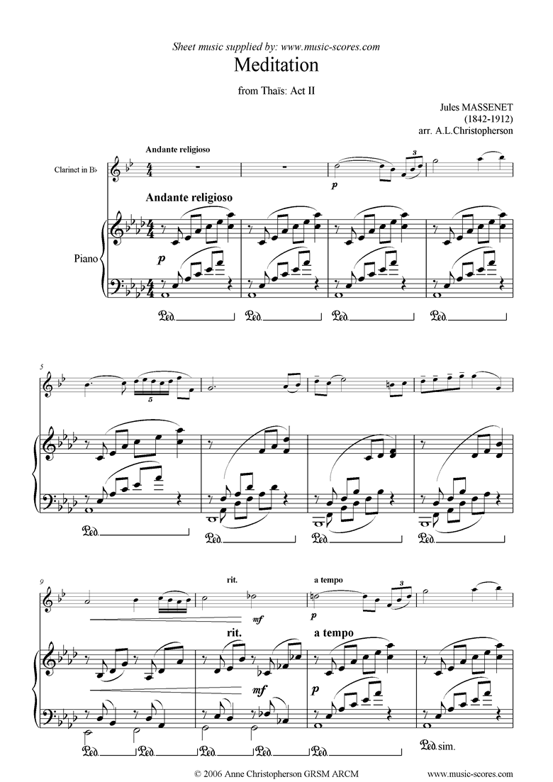 Front page of Thais, Act 2: Meditation: Clarinet: lower sheet music