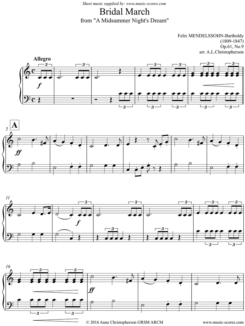 Op.61: Midsummer Nights Dream: Bridal March: Easy Piano, longer by Mendelssohn