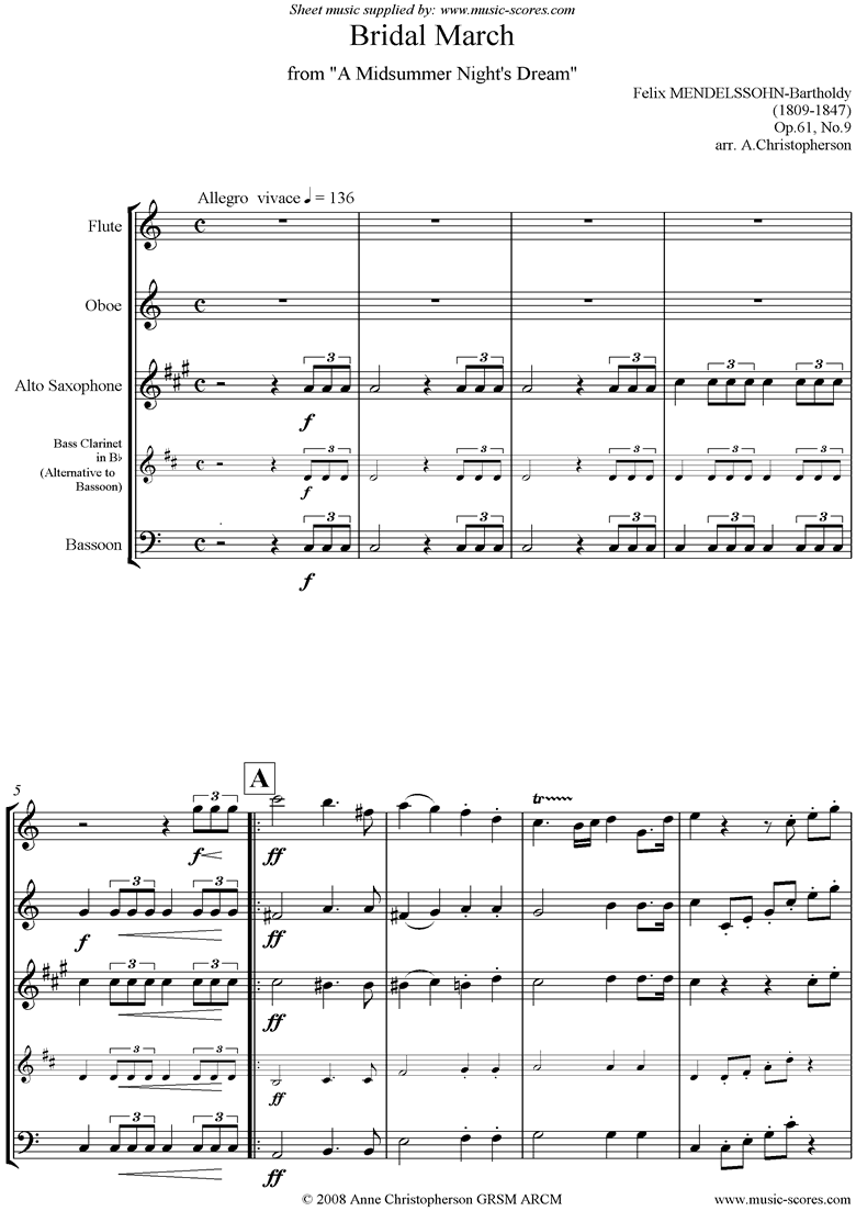 Op.61: Midsummer Nights Dream: Bridal March: Fl Ob Asx Fg by Mendelssohn
