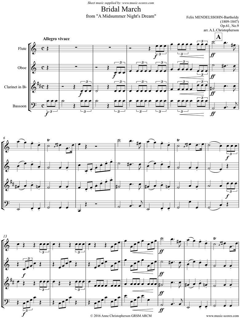 Op.61: Midsummer Nights Dream: Bridal March: Fl Ob Cl Fg by Mendelssohn