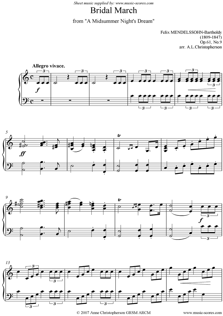 Op.61: Midsummer Nights Dream: Bridal March: Piano by Mendelssohn