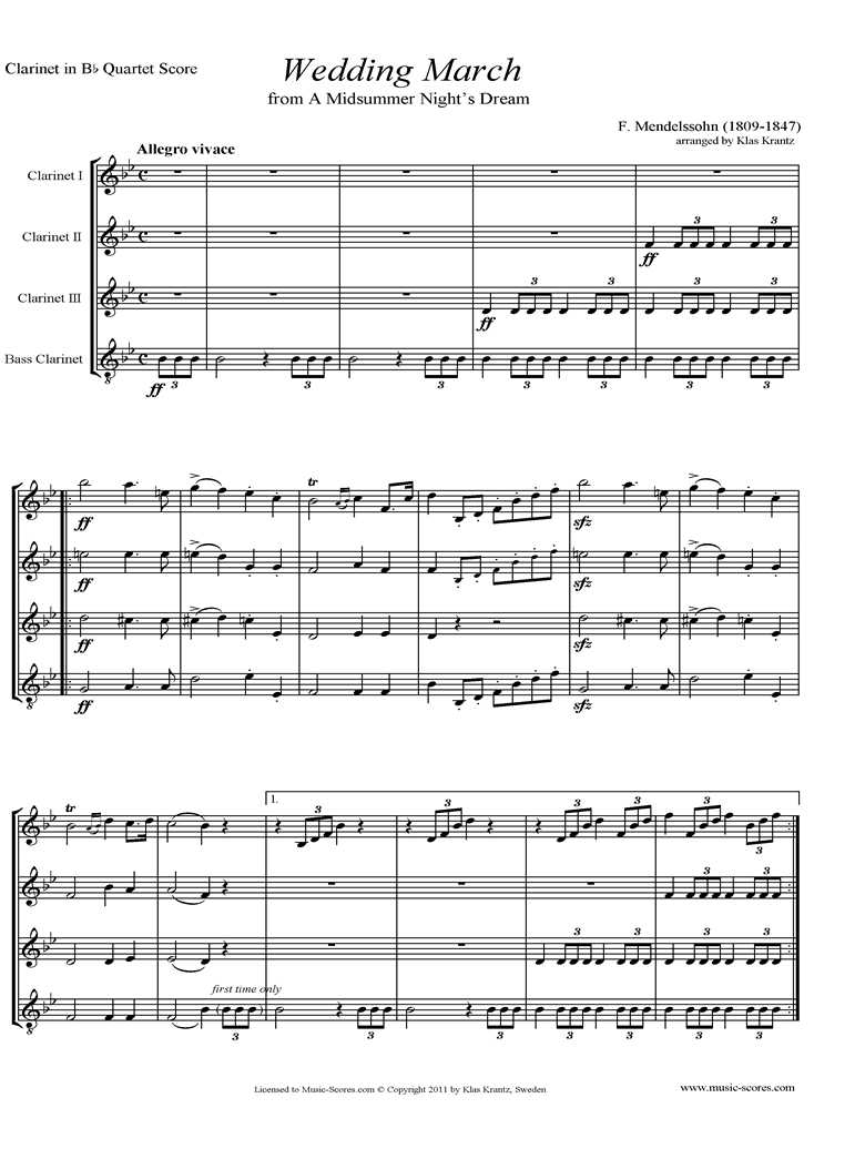 Op.61: Midsummer Nights Dream: Bridal March: 3 Clarinets, Bass Clarinet by Mendelssohn