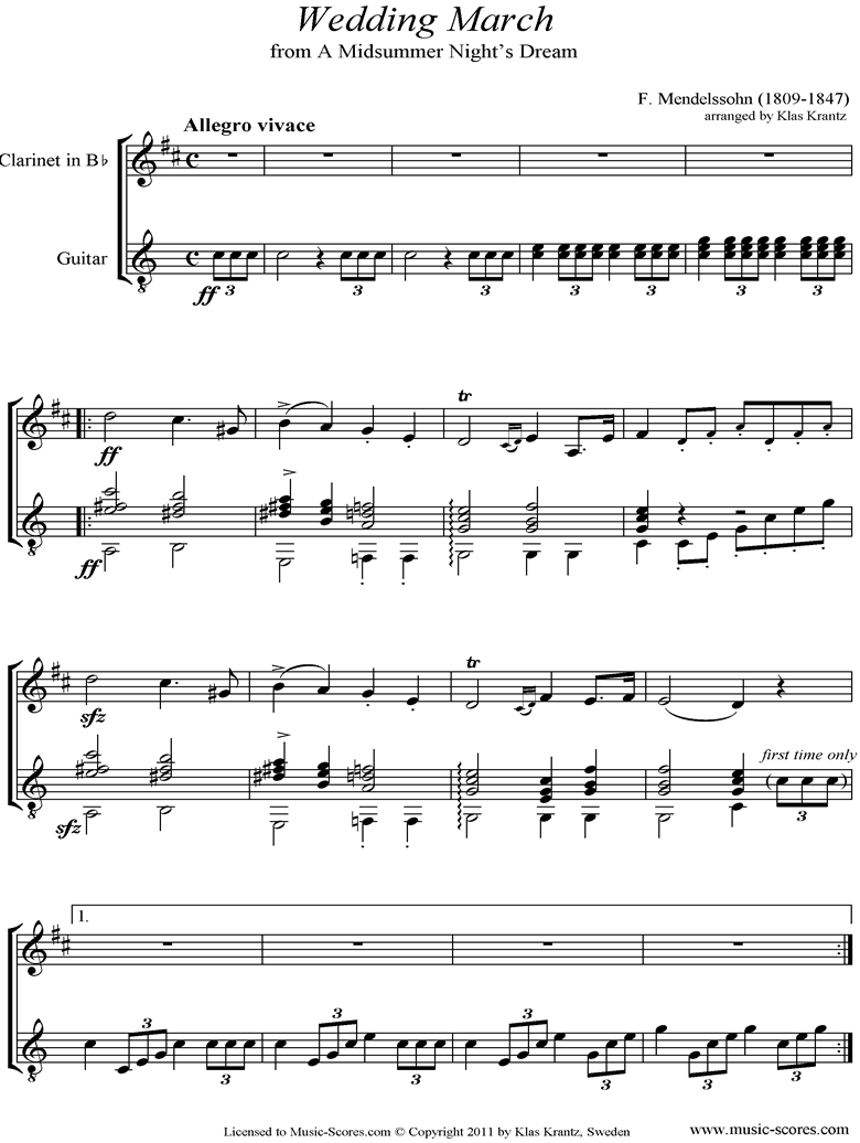 Op.61: Midsummer Nights Dream: Bridal March: Clarinet, Guitar by Mendelssohn
