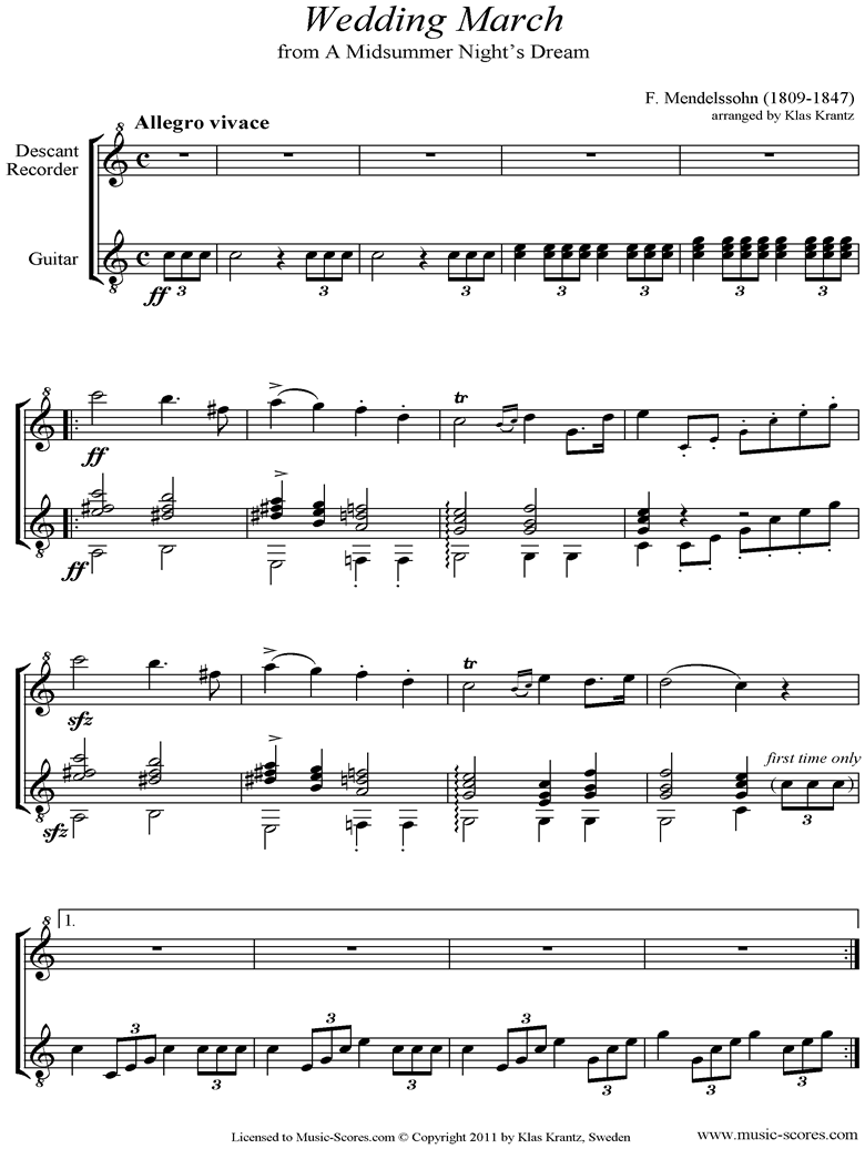 Op.61: Midsummer Nights Dream: Bridal March: Descant Recorder, Guitar by Mendelssohn