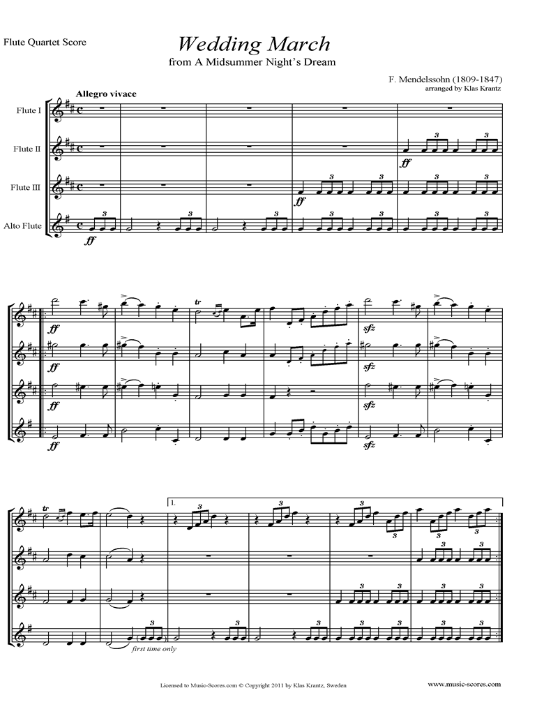 Front page of Op.61: Midsummer Nights Dream: Bridal March: Flute Quartet sheet music
