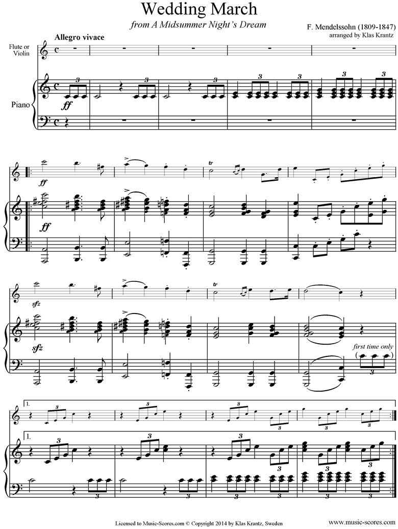 Op.61: Midsummer Nights Dream: Bridal March: Flute, Piano by Mendelssohn