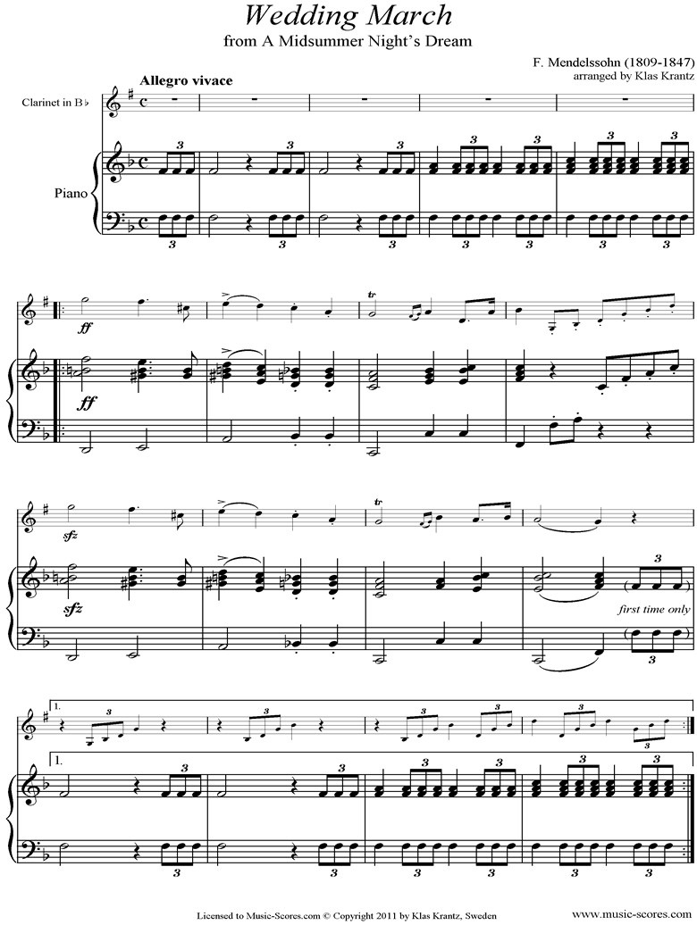 Op.61: Midsummer Nights Dream: Bridal March: Clarinet, Guitar by Mendelssohn