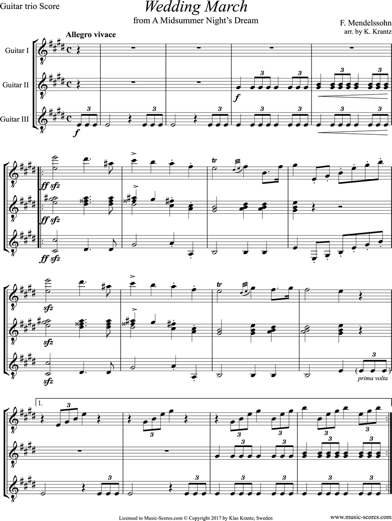 Front page of Op.61: Midsummer Nights Dream: Bridal March: Guitar Trio sheet music