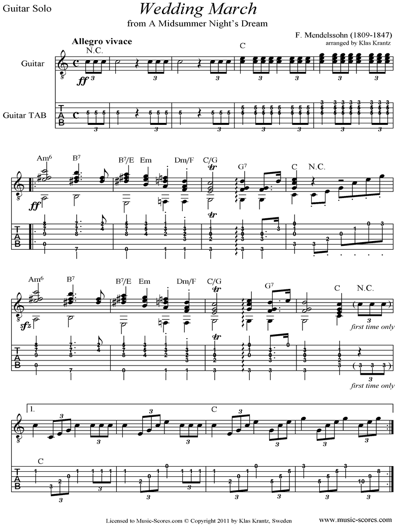 Op.61: Midsummer Nights Dream: Bridal March: Guitar tab by Mendelssohn