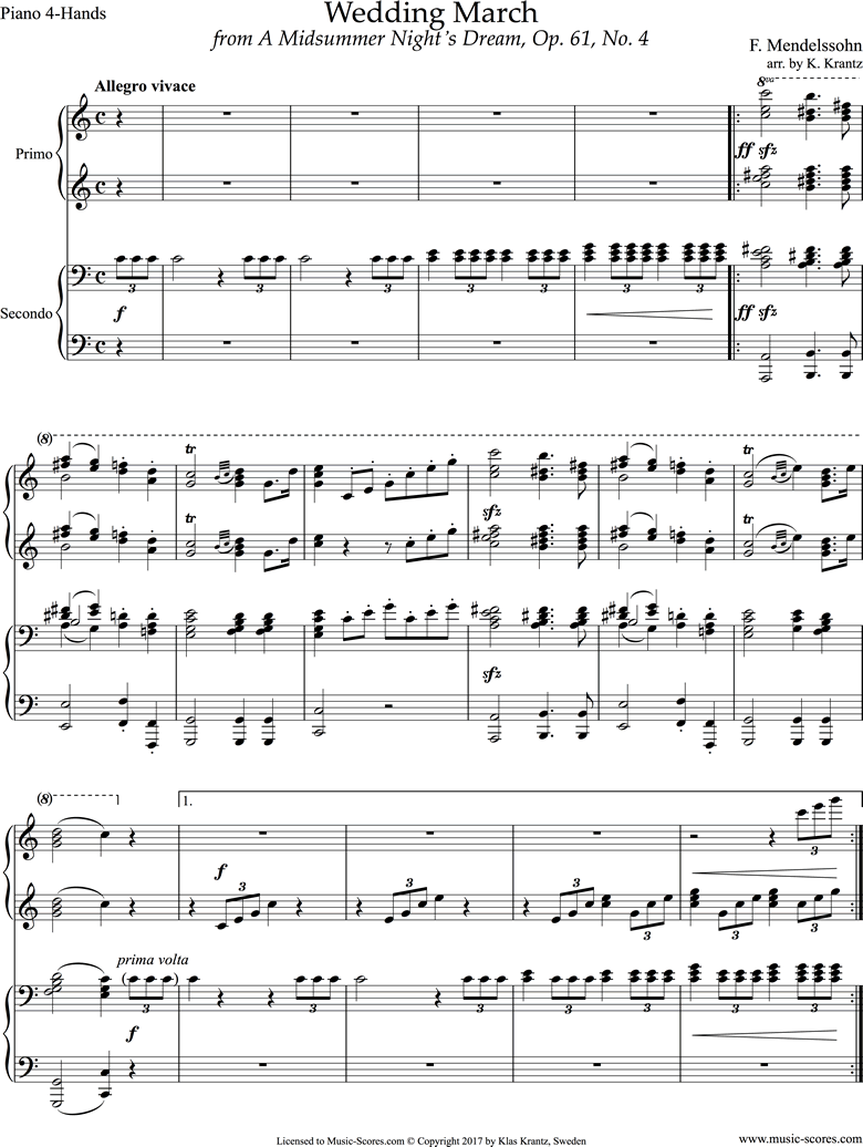 Front page of Op.61: Midsummer Nights Dream: Bridal March: Piano Duet sheet music