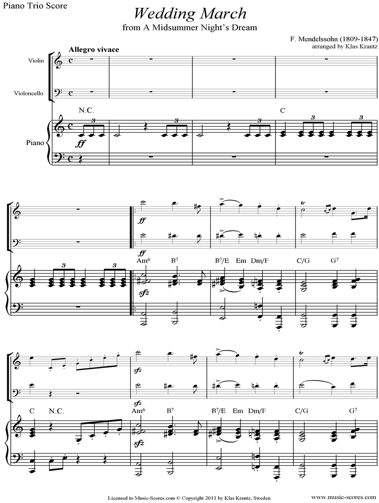 Op.61: Midsummer Nights Dream: Bridal March: Piano Trio easy by Mendelssohn
