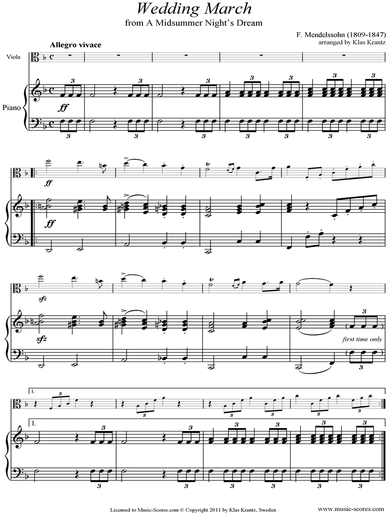 Op.61: Midsummer Nights Dream: Bridal March: Viola, Piano by Mendelssohn